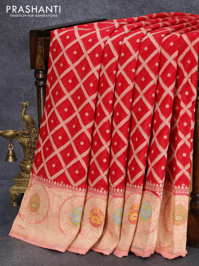 Exclusive banarasi paithani georgette saree red with allover zari weaves and zari woven paithani border - {{ collection.title }} by Prashanti Sarees