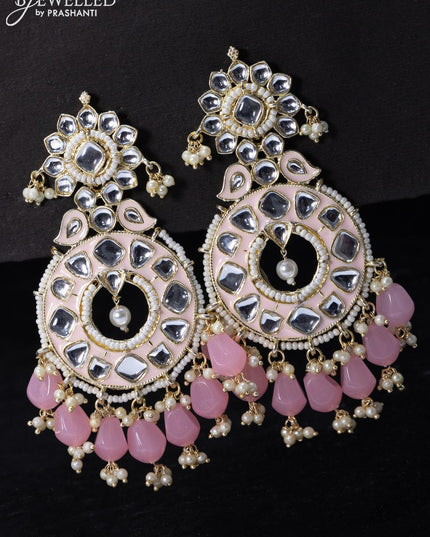 Fashion dangler baby pink earrings with kundan stone and beads & pearl hangings - {{ collection.title }} by Prashanti Sarees