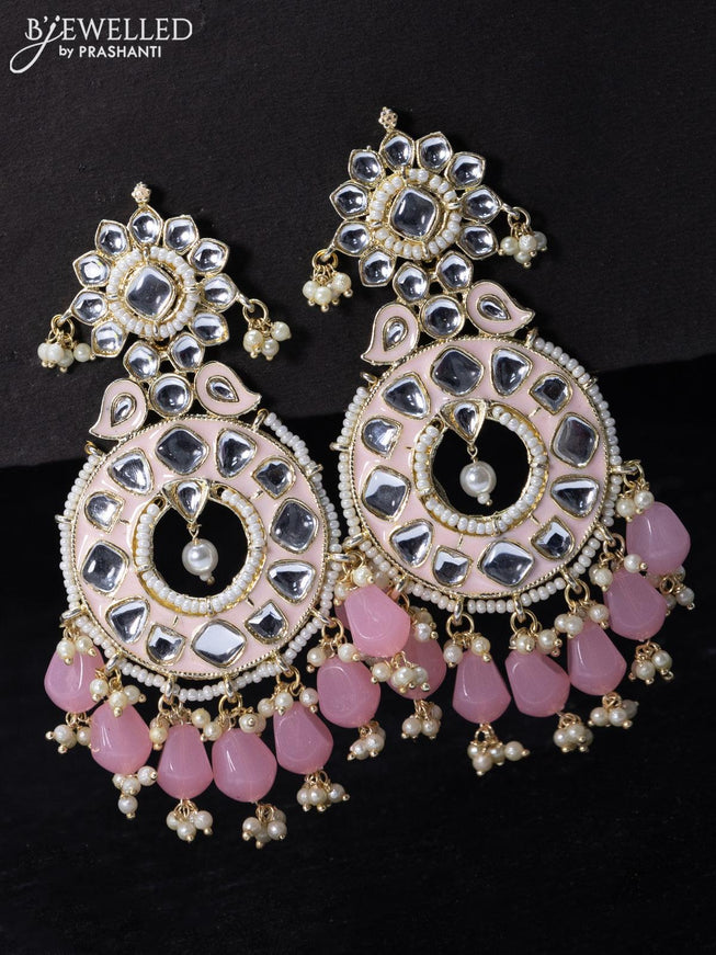Fashion dangler baby pink earrings with kundan stone and beads & pearl hangings - {{ collection.title }} by Prashanti Sarees