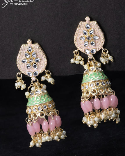 Fashion dangler baby pink jhumka minakari work with beads and pearl hangings - {{ collection.title }} by Prashanti Sarees