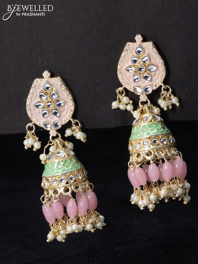 Fashion dangler baby pink jhumka minakari work with beads and pearl hangings - {{ collection.title }} by Prashanti Sarees