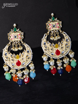 Fashion dangler chandbali earrings cream with multicolour beads and pearl hangings