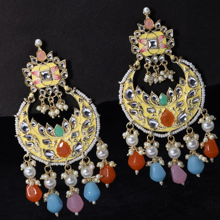 Fashion dangler chandbali earrings cream with multicolour beads and pearl hangings - {{ collection.title }} by Prashanti Sarees