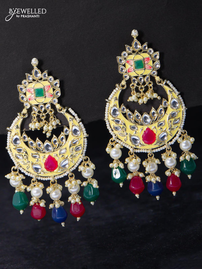 Fashion dangler chandbali earrings cream with multicolour beads and pearl hangings - {{ collection.title }} by Prashanti Sarees
