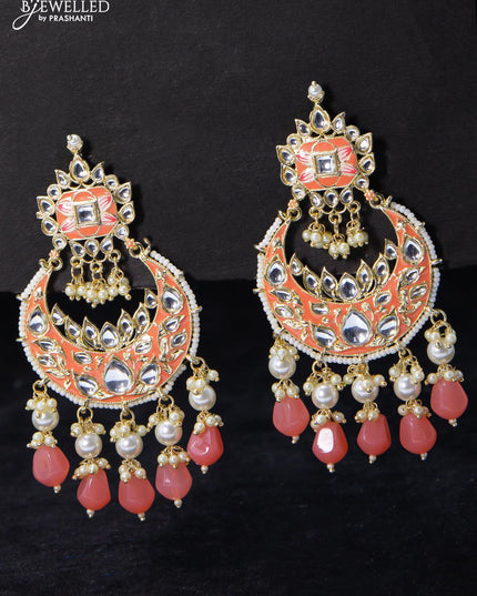 Fashion dangler chandbali earrings peach pink with multicolour beads and pearl hangings - {{ collection.title }} by Prashanti Sarees