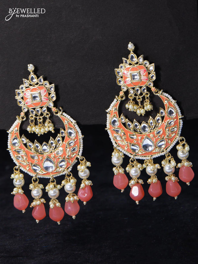Fashion dangler chandbali earrings peach pink with multicolour beads and pearl hangings - {{ collection.title }} by Prashanti Sarees