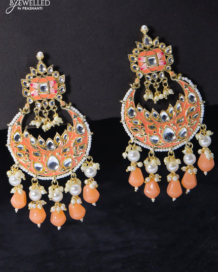 Fashion dangler chandbali earrings peach with multicolour beads and pearl hangings - {{ collection.title }} by Prashanti Sarees