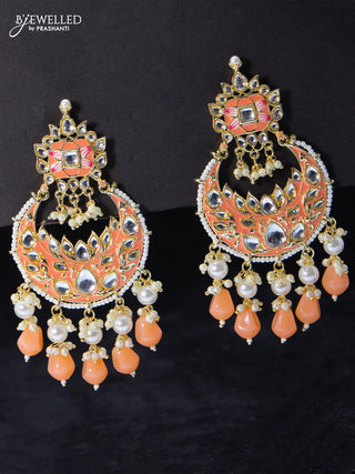 Fashion dangler chandbali earrings peach with multicolour beads and pearl hangings
