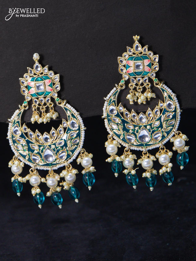 Fashion dangler chandbali earrings peacock blue with multicolour beads and pearl hangings - {{ collection.title }} by Prashanti Sarees