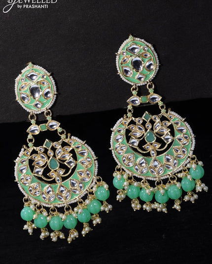 Fashion dangler chandbali earrings teal green with beads and pearl hangings - {{ collection.title }} by Prashanti Sarees