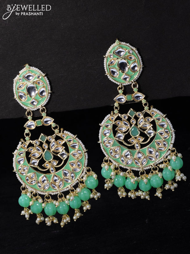 Fashion dangler chandbali earrings teal green with beads and pearl hangings - {{ collection.title }} by Prashanti Sarees