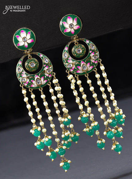 Fashion dangler chandbali teal green minakari earrings with pearl and beads hangings - {{ collection.title }} by Prashanti Sarees
