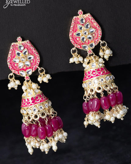Fashion dangler dark pink jhumka minakari work with beads and pearl hangings - {{ collection.title }} by Prashanti Sarees
