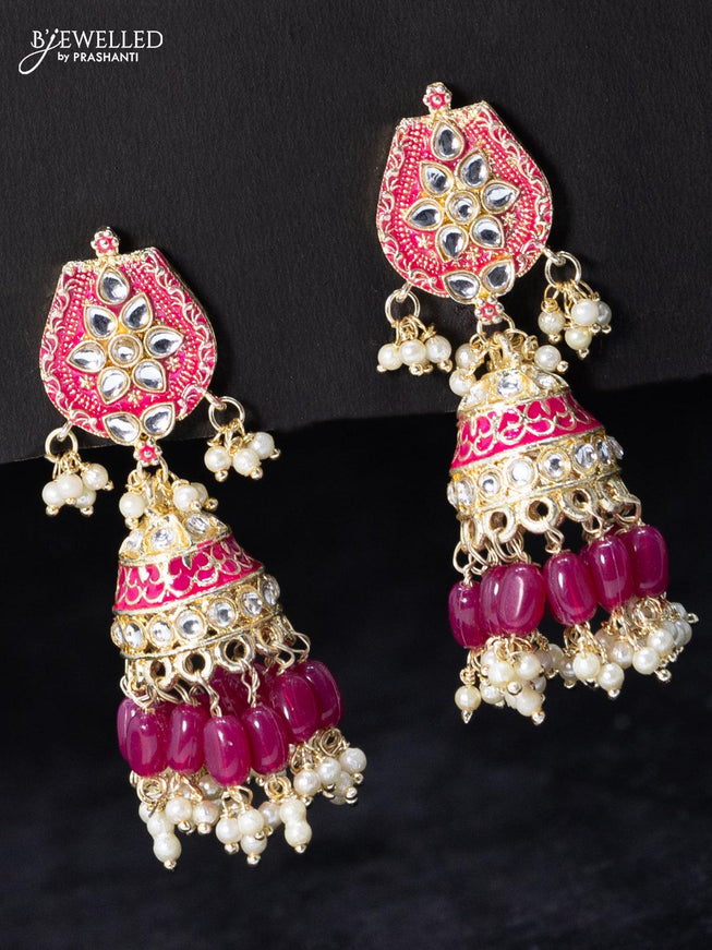 Fashion dangler dark pink jhumka minakari work with beads and pearl hangings - {{ collection.title }} by Prashanti Sarees