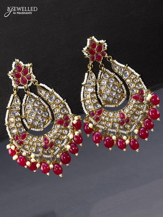 Fashion dangler earring dark pink and kundan stone with beads hangings