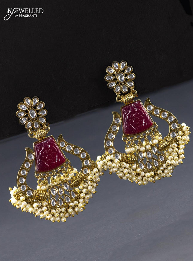 Fashion dangler earring with maroon & cz stone and pearl hangings - {{ collection.title }} by Prashanti Sarees