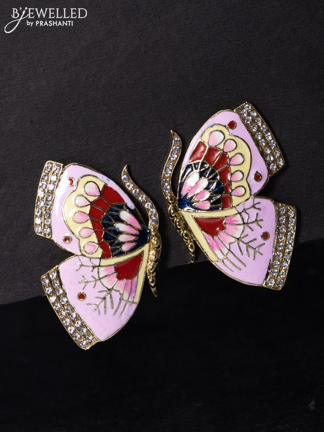 Fashion dangler earrings minakari baby pink butterfly with cz stones - {{ collection.title }} by Prashanti Sarees