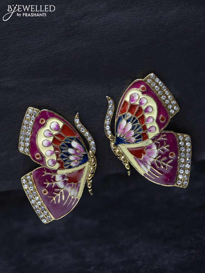 Fashion dangler earrings minakari magenta pink butterfly earrings with cz stones - {{ collection.title }} by Prashanti Sarees