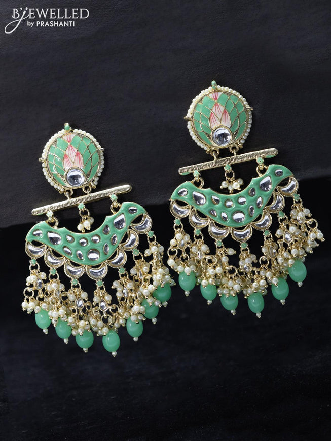 Fashion dangler earrings teal green with beads and pearl hangings - {{ collection.title }} by Prashanti Sarees