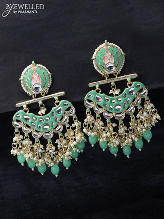 Fashion dangler earrings teal green with beads and pearl hangings