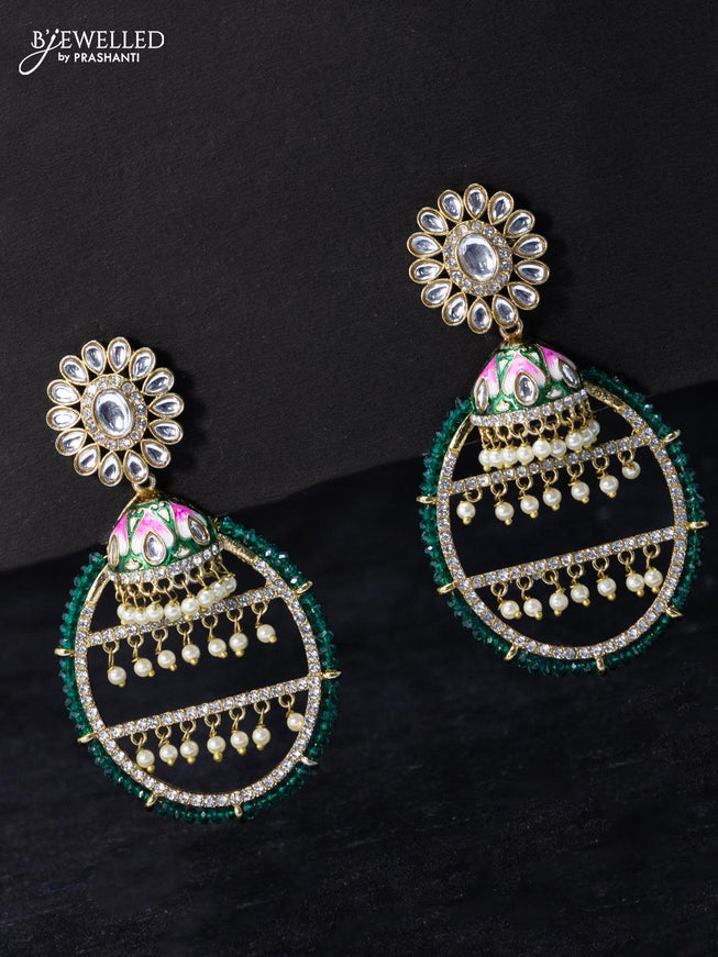 Fashion dangler earrings with kundan stone and peacock green crystal beads - {{ collection.title }} by Prashanti Sarees