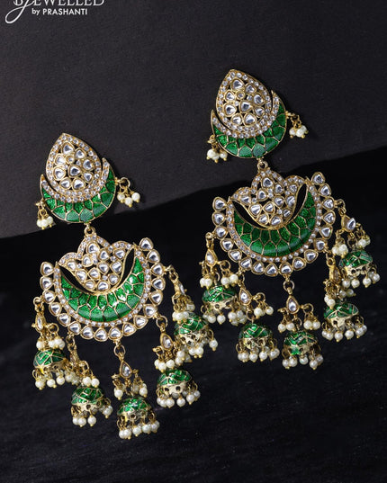 Fashion dangler green earrings with kundan stone and pearl hangings - {{ collection.title }} by Prashanti Sarees