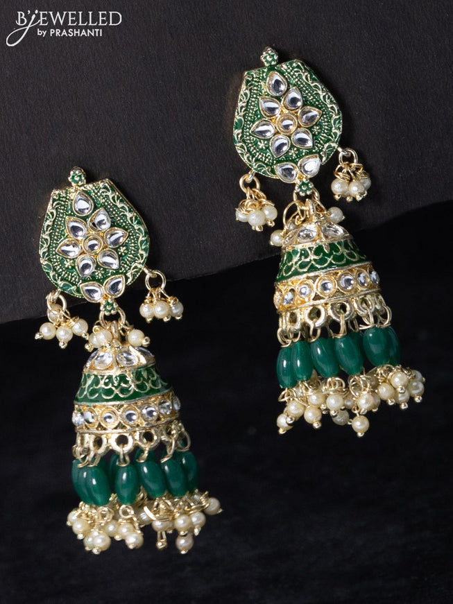 Fashion dangler green jhumka minakari work with beads and pearl hangings - {{ collection.title }} by Prashanti Sarees
