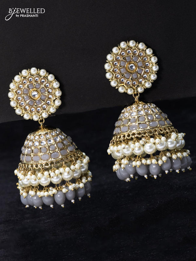 Fashion dangler grey jhumka with kundan stone and beads & pearl hangings - {{ collection.title }} by Prashanti Sarees