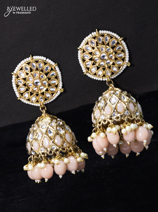 Fashion dangler jhumkas peach and cz stone with beads hangings - {{ collection.title }} by Prashanti Sarees