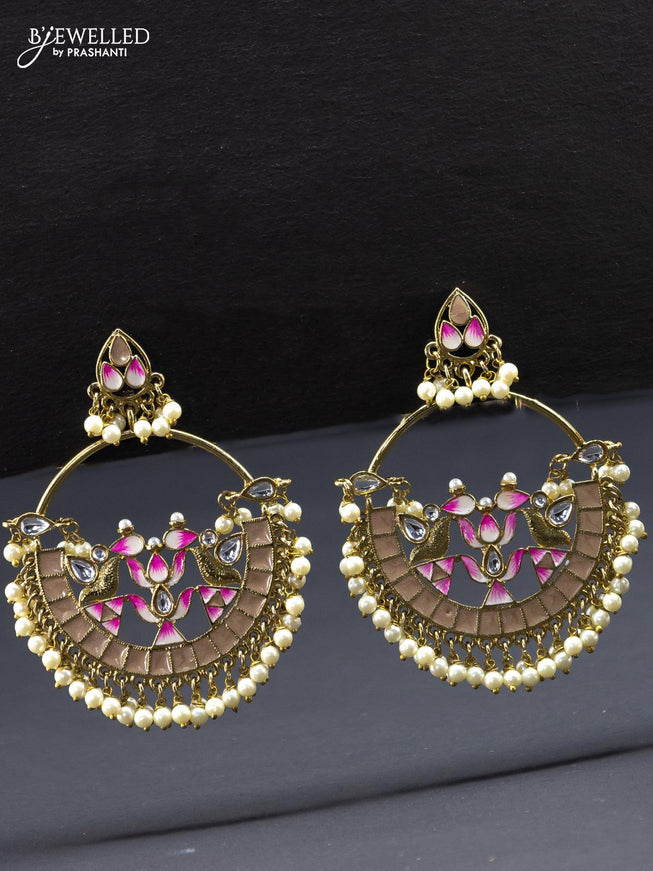 Fashion dangler lotus design pastel brown earrings with cz stone and pearl hangings - {{ collection.title }} by Prashanti Sarees