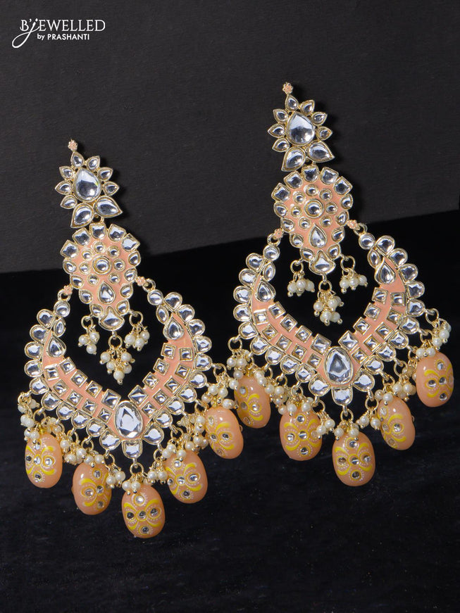 Fashion dangler mild peach earrings minakari work with kundan stone and beads hangings - {{ collection.title }} by Prashanti Sarees