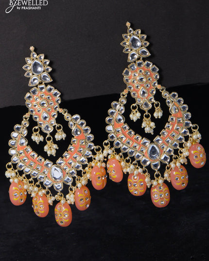 Fashion dangler peach earrings minakari work with kundan stone and beads hangings - {{ collection.title }} by Prashanti Sarees