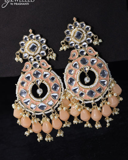 Fashion dangler peach earrings with kundan stone and beads & pearl hangings - {{ collection.title }} by Prashanti Sarees
