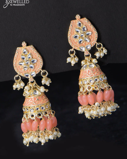 Fashion dangler peach jhumka minakari work with beads and pearl hangings - {{ collection.title }} by Prashanti Sarees