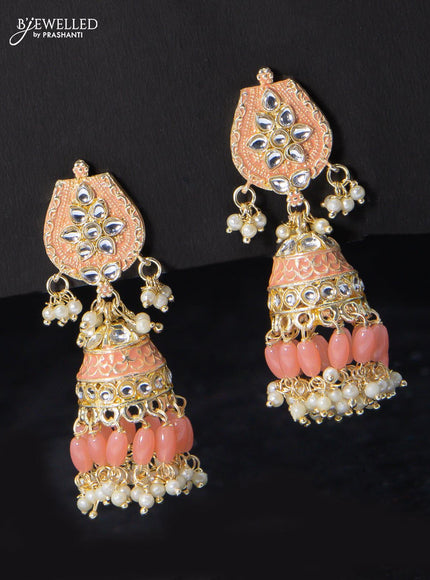 Fashion dangler peach jhumka minakari work with beads and pearl hangings - {{ collection.title }} by Prashanti Sarees