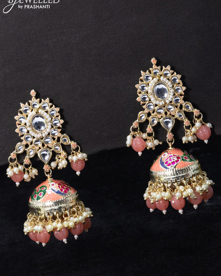 Fashion dangler peach jhumka with beads and pearl hangings - {{ collection.title }} by Prashanti Sarees