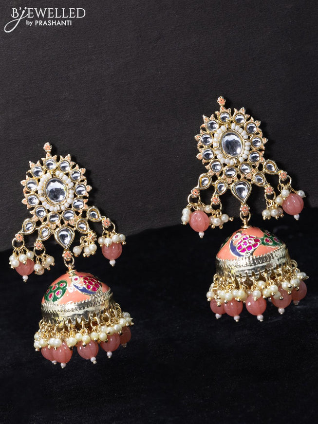 Fashion dangler peach jhumka with beads and pearl hangings - {{ collection.title }} by Prashanti Sarees