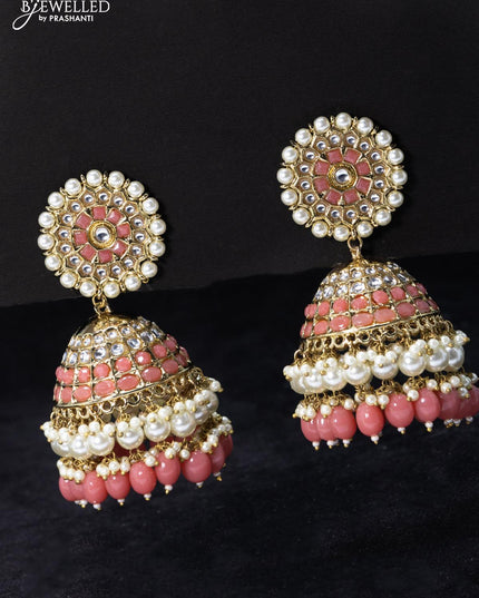 Fashion dangler peach pink jhumka with kundan stone and beads & pearl hangings - {{ collection.title }} by Prashanti Sarees