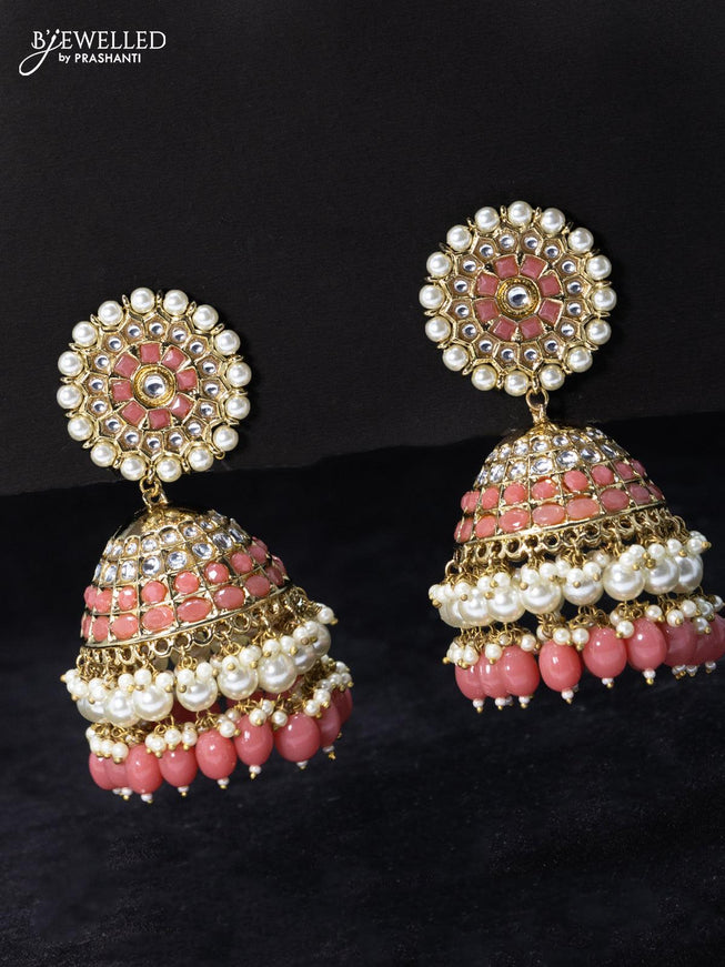 Fashion dangler peach pink jhumka with kundan stone and beads & pearl hangings - {{ collection.title }} by Prashanti Sarees