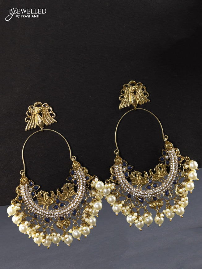 Fashion dangler peacock design chandbali blue earring with pearl hangings - {{ collection.title }} by Prashanti Sarees
