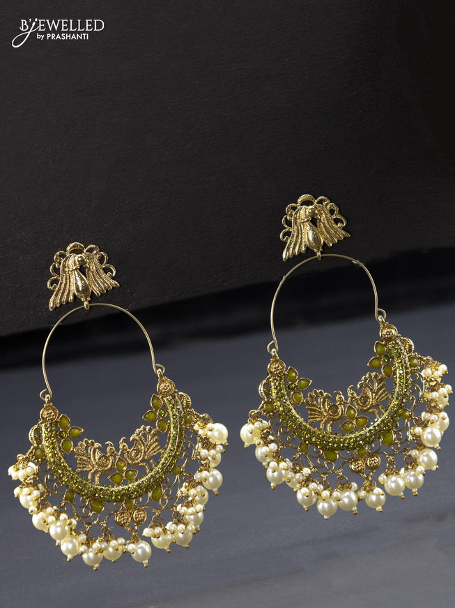 Fashion dangler peacock design olive green chandbali earring with pearl hangings - {{ collection.title }} by Prashanti Sarees