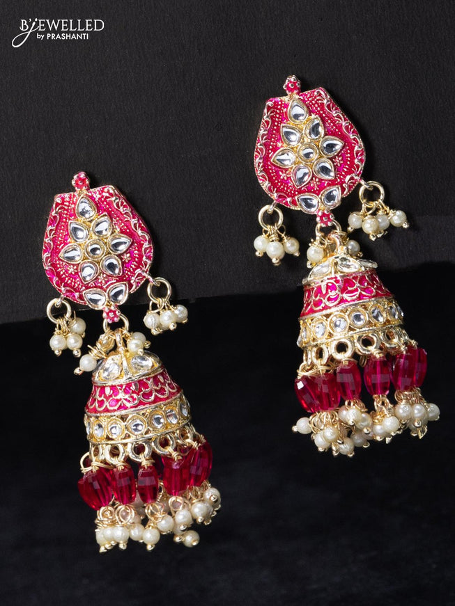 Fashion dangler pink jhumka minakari work with beads and pearl hangings - {{ collection.title }} by Prashanti Sarees