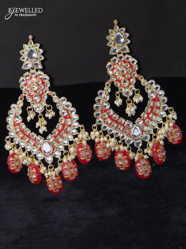 Fashion dangler red earrings minakari work with kundan stone and beads hangings - {{ collection.title }} by Prashanti Sarees