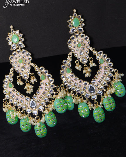 Fashion dangler teal green & baby pink earrings minakari work with kundan stone and beads hangings - {{ collection.title }} by Prashanti Sarees