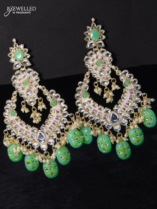Fashion dangler teal green & baby pink earrings minakari work with kundan stone and beads hangings - {{ collection.title }} by Prashanti Sarees