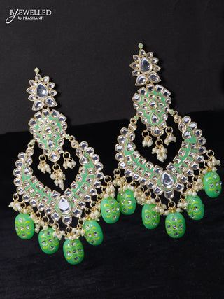Fashion dangler teal green earrings minakari work with kundan stone and beads hangings