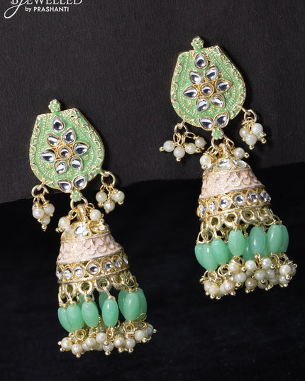 Fashion dangler teal green jhumka minakari work with beads and pearl hangings - {{ collection.title }} by Prashanti Sarees