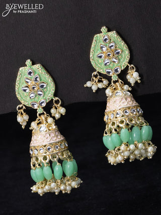 Fashion dangler teal green jhumka minakari work with beads and pearl hangings
