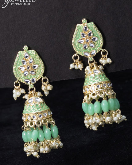 Fashion dangler teal green jhumka minakari work with beads and pearl hangings - {{ collection.title }} by Prashanti Sarees