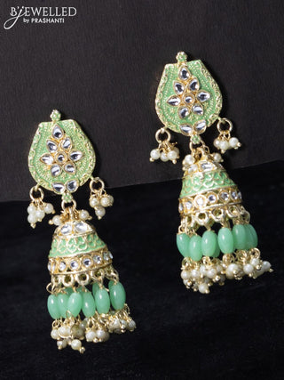 Fashion dangler teal green jhumka minakari work with beads and pearl hangings
